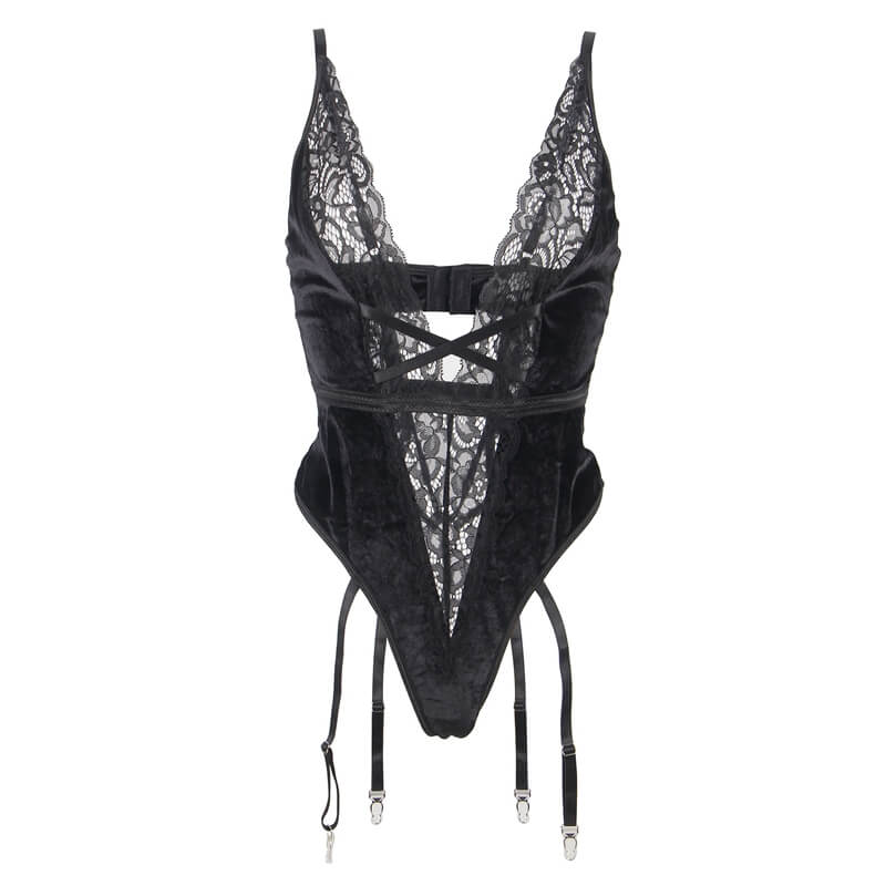 The Velvet and Lace Black Teddy Bodysuit with Garters is the epitome of sophistication and allure. Crafted from sumptuous velvet and delicate lace, this bodysuit features intricate lace detailing that highlights your curves beautifully. The garter straps add a provocative touch, perfect for special occasions or intimate moments. With adjustable straps for a tailored fit, this piece combines elegance, comfort, and sensuality, making you feel confident and irresistible.